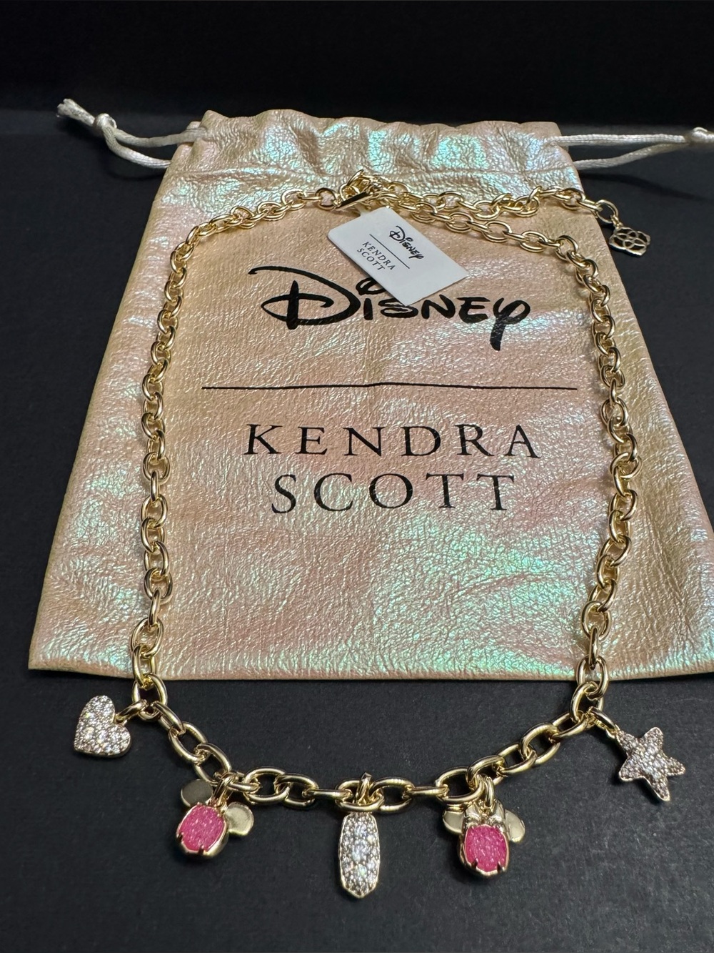 Kendra Scott X Disney Mickey Minnie Mouse Pink Drusy Pendant Gold Necklace NWT - Picture 3 of 14